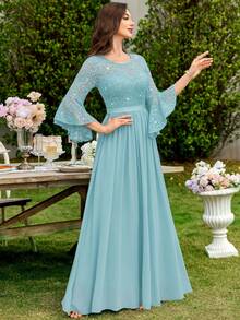 MIUSOL Sequin Floral Lace Bell Sleeve Colorblock Chiffon Ruffle Hem Formal Party Dress, Wedding Guest Gown - Mint Blue - View 5