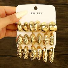 3 To 9 Pairs Fashion Simple Stylish Gold-Color CCB Material Multi-Texture Design Earring Set For Women, Versatile Accessory Suitable For Festivals, Gifts For Best Friends, All Season Wear