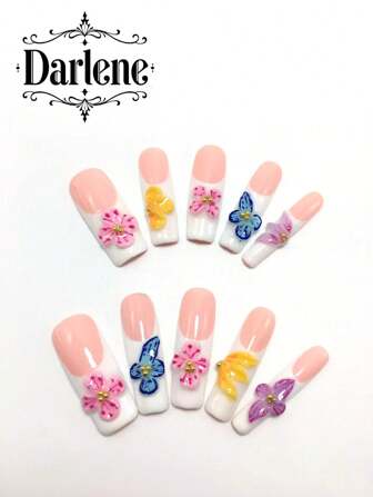 Enhance Charm 10 Pieces Removable And Wearable Pure Handmade Wearable Nail 3D Three-Dimensional Carved Exquisite And Fashionable For Friends And Girlfriends Can Wear Summer Nail Art Repeatedly