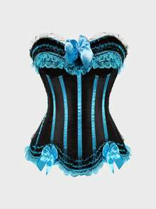 Corsets For Women Lace Trim Lingerie Tops Bow Lace Up Corsets Bustier Lingerie Bodyshaper Top - 淺藍 - 查看 1