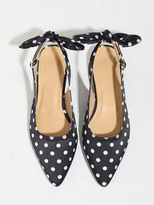 صنادل ذات كعب سميك من الساتان بنقشة نقاط للنساء ذوات الحجم الكبير، بتصميم أصبع قدم مدبب، باللون الأسود، بطراز فرنسي رجعي، مزينة بفيونكة، بدون ظهر، ماري جين، أحذية مريحة للربيع والصيف