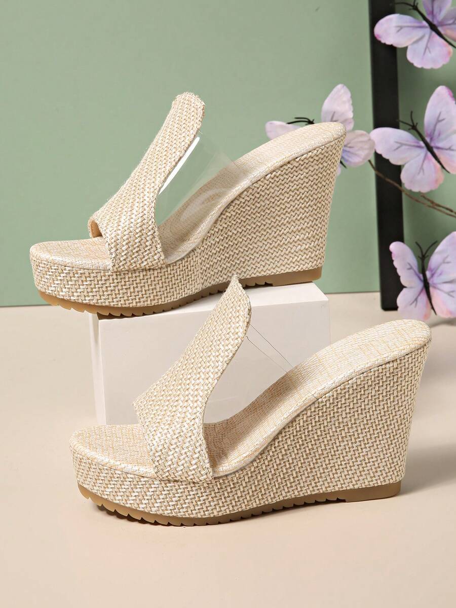 Women Plus Size Silver Wedge Heel Platform Sandals, Casual Gold Glitter Retro Beach Slip-On Sandals, Fashionable Elegant European Style Flat Sandals - Beige - View 1