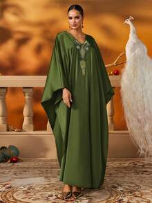 Elegant Green Embellished Kaftan Evening Gown With V-Neck , Friendly Formal Dress For Women, Luxury Abaya Style Gown For Party And Wedding,Long Formal Dress,Modest Style Dress - Army Green - View 7