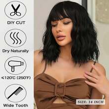 ESSVIGANT Black Wig With Bangs For Women Short Wavy Bob Wig Shoulder Length Curly Bob Synthetic Heat Resistant Fiber For Daily Party Use (14 Inches) - Black - View 7