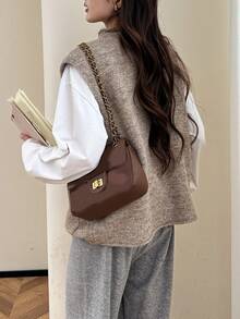Alicedudu Women's Autumn/Winter Minimalist Oblique Placket Design Cardigan Vest - Milk Coffee - View 2