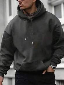 Popular Hoodies For Men'sMen's Solid Color Drop Shoulder Long Sleeve Drawstring Pocket Casual Hoodie, Autumn/Winter,Back To Schoolroomy And Comfortable - Màu xám đen - Xem 3