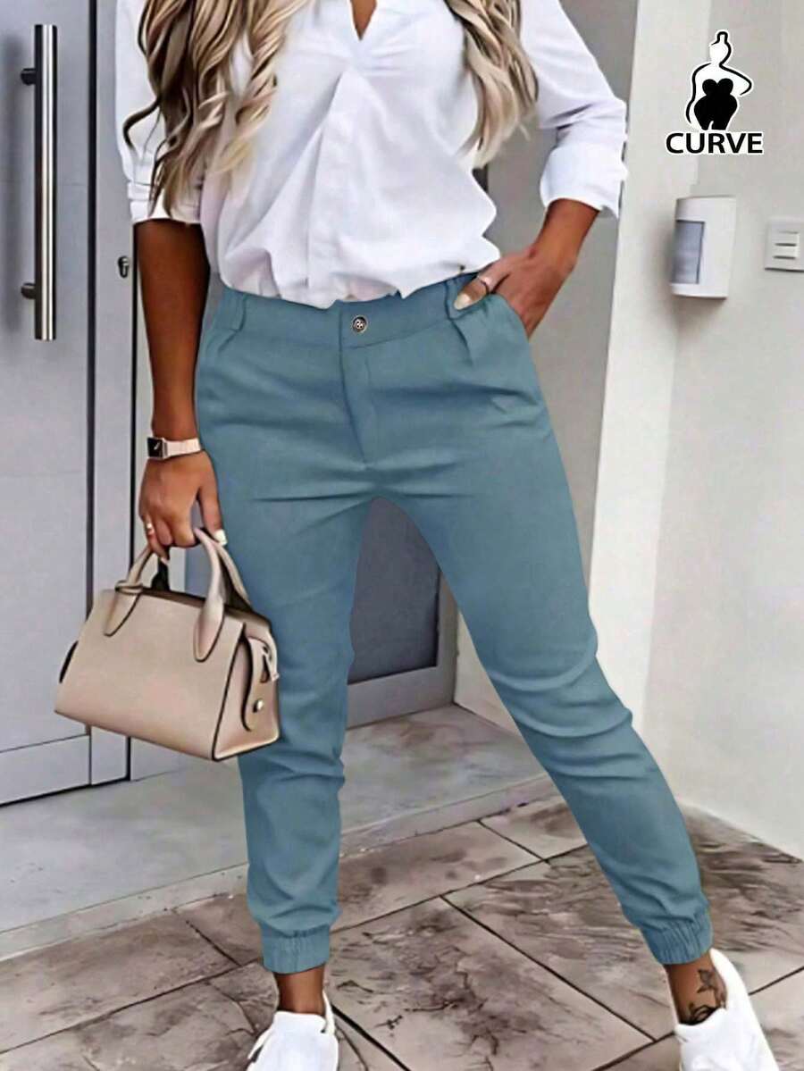 Plus Size Women's Casual Fashionable Daily Comfortable Commute Vacation Street Slim Fit Solid Color Pants - Dusty Blue - View 1