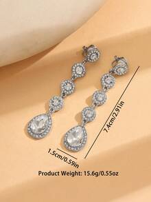 1 par de pendientes de clip con forma de lágrima con incrustaciones de rhinestone, adecuados para uso diario y fiestas para mujeres - Plateado - Ver 6