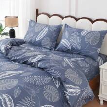 3 PiecesBlue Tropical Plant Branch And Leaf Printed Duvet Cover Set (2*Pillowcase, 1*Duvet Cover, No Core) 100% Polyester, Soft, Comfortable, Breathable, Zipper Closure, Suitable For All Seasons Suitable For Bedrooms, Guest Rooms And Dormitories.
