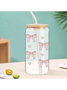 1pc 16oz Transparent Coffee Cup With Bowknot Design, Comes With Bamboo Lid And Straw, Large Capacity Outdoor Travel Portable Beverage/Juice Cup, Suitable For Summer And Winter, Birthday/Holiday Party Gift, Christmas Gift Glass Water Bottle