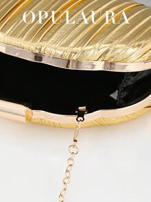 OpulAura 女士简约贝壳形奢华皮革手拿包，优雅迷人的晚礼服包，闪亮的夜间手提包，适合鸡尾酒会、正式活动、浪漫婚礼，配有链条 - 金色 - 查看 7