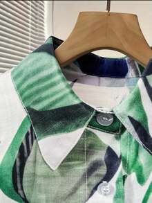 Women's Fashionable Ink Painting Print Shirt, Summer Mid-Length Style, Slimming & Artistic, Green Color Adjustable Sleeve Length Vacation Spring - Green - View 3