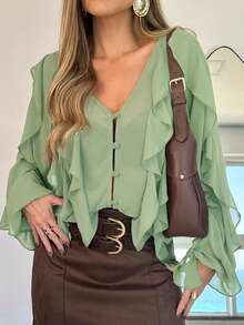 V Neck Shoulder Asymmetrical Ruffles Blouse Casual Button Front Long Sleeve Top - màu xanh lá - Xem 1