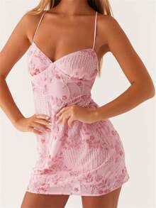 Women Mini Dress Sequins Flower Embroidery Sleeveless Cami Dress Summer Cross Backless Spaghetti Strap Dress - Hồng - Xem 3