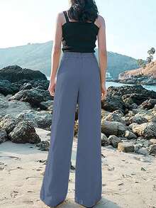 Women's Cotton Linen Trousers Casual Button Up High Waist Wide Leg Trousers - 霧霾藍 - 查看 2