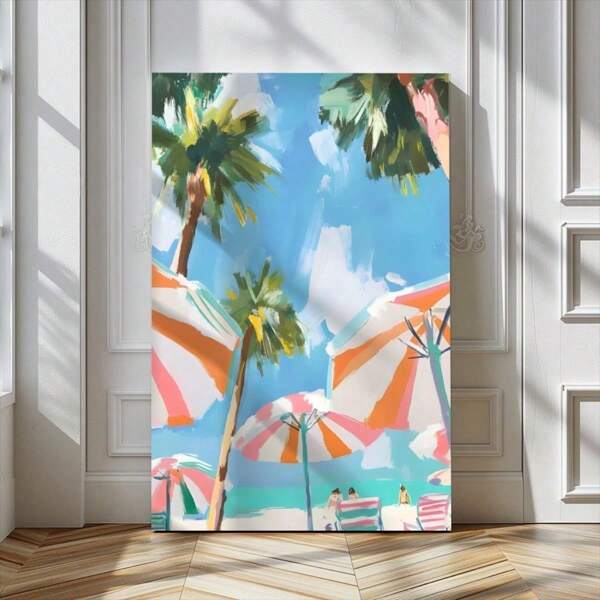 1PC Orange Striped Beach Umbrella Painting Tropical Summer Printable With Palm Tree Wall Art Textured Canvas Poster Painting Wall Decor For Bedroom Living Room Paintings In Living Rooms, Bedrooms, Dining Rooms Optional Frames Modern Posters, Wall Arts, Canvas Paintings, And Reusable Frames ,Wall Art With Frame