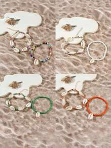 7 pièces/Set Bracelet style bohème avec coquillage et perle avec pendentif étoile de mer, Set de bracelets pour femmes (couleur de perle aléatoire)