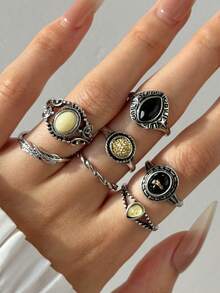 7 件套复古银色仿旧水钻镂空花朵图案金属戒指，女士首饰套装 - 彩色 - 查看 2
