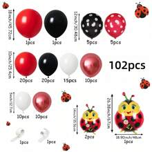 102pcs Cute Ladybug Happy Birthday Balloon Party Decoration Set - Black, Red & White Polka Dot Balloons With Ladybug Balloons, Suitable For Birthday Party, Spring Room And Garden Celebration Decoration