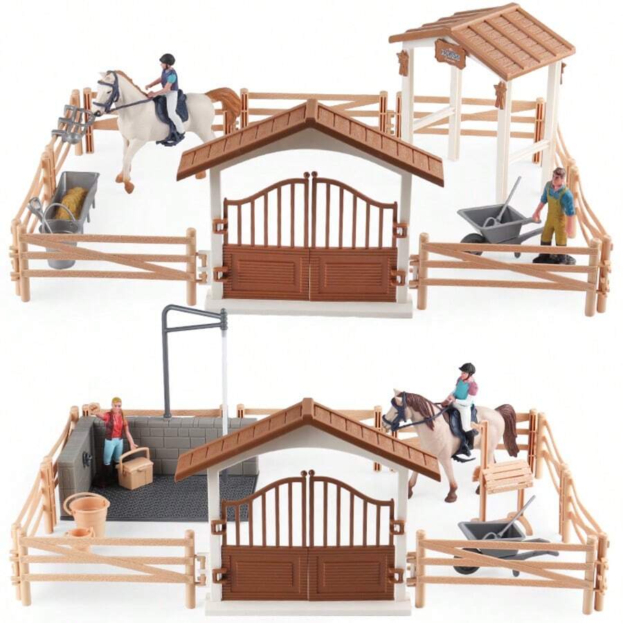 Juego de modelos de juguetes con casa de caballos, granja, valla del establo, muñeco de jinete y caballo para lavar, para niños y niñas, regalos para Navidad y Halloween - Multicolor - Ver 1