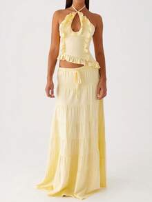 Y2k Maxi Skirt Set For Women Backless Lace Halter Top And Pleated Flowy Skirt Sets Beach Sheer Dress Summer 2 Piece Outfit Beach Set - 黃色 - 查看 1