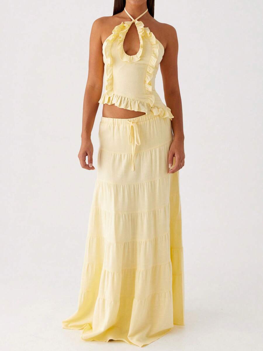 Y2k Maxi Skirt Set For Women Backless Lace Halter Top And Pleated Flowy Skirt Sets Beach Sheer Dress Summer 2 Piece Outfit Beach Set - 黃色 - 查看 1
