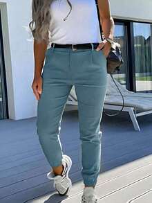Plus Size Women's Casual Fashionable Daily Comfortable Commute Vacation Street Slim Fit Solid Color Pants - Dusty Blue - View 3
