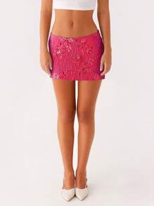 Women Sequin Short Skirt Beaded Flower Low Rise Mini Bodycon Skirt  Summer Streetwear