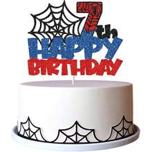 适合 1-9 岁儿童的蜘蛛生日蛋糕装饰，蜘蛛网主题生日快乐蛋糕装饰，生日派对浴室装饰用品 - 彩色 - 查看 14