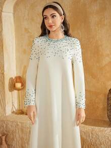 宽松串珠长袖连衣裙晚礼服 - 白色 - 查看 6