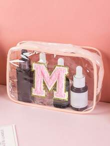 1个透明PVC便携式收纳袋，带毛巾，绣有字母A-Z，大容量化妆品收纳包，防水，带拉链，化妆包，化妆品袋，旅行收纳包，美妆包，可装口红