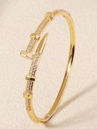1pc Elegant Buckle Nail Bangle, Copper Micro-Inlaid Zirconia Bracelet Design High-End Cuff Bracelet, Suitable For Festival Gifts