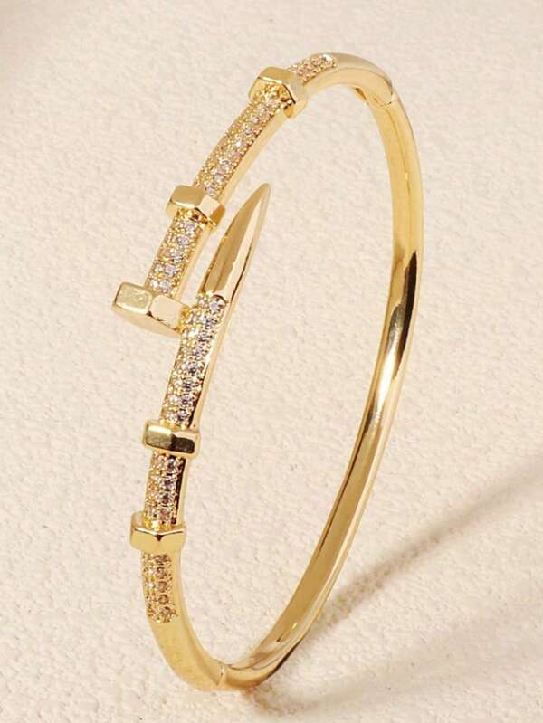 1pc Elegant Buckle Nail Bangle, Copper Micro-Inlaid Zirconia Bracelet Design High-End Cuff Bracelet, Suitable For Festival Gifts