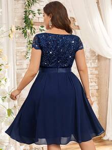 Vestido corto de gasa con cuello de pico profundo, encaje con lentejuelas, volante de contraste y bajo en línea A, ideal para fiestas, graduación, boda informal y cumpleaños - Azul Marino - Ver 2