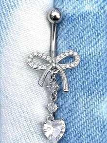CIZME 1 件 Y2K 肚脐穿孔首饰肚脐穿孔首饰，蝴蝶结心形吊坠杠铃肚脐环肚脐环，银金玫瑰金白粉色 CZ 肚脐杠铃耳钉肚脐穿孔肚脐环女士