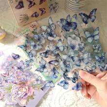 6pcs Flower & Butterfly Stickers - Self-Adhesive PET Plastic Stickers For Scrapbooking, Journals, DIY Crafts, With Blue, Gold Accents, Leaves And Butterflies, Rectangular Shape, Scrapbooking Stickers, Butterfly Decor,School Supplies,Back To School