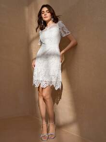 优雅可爱的荷叶边小圆领袖女式奢华迷你连衣裙 - 白色 - 查看 3