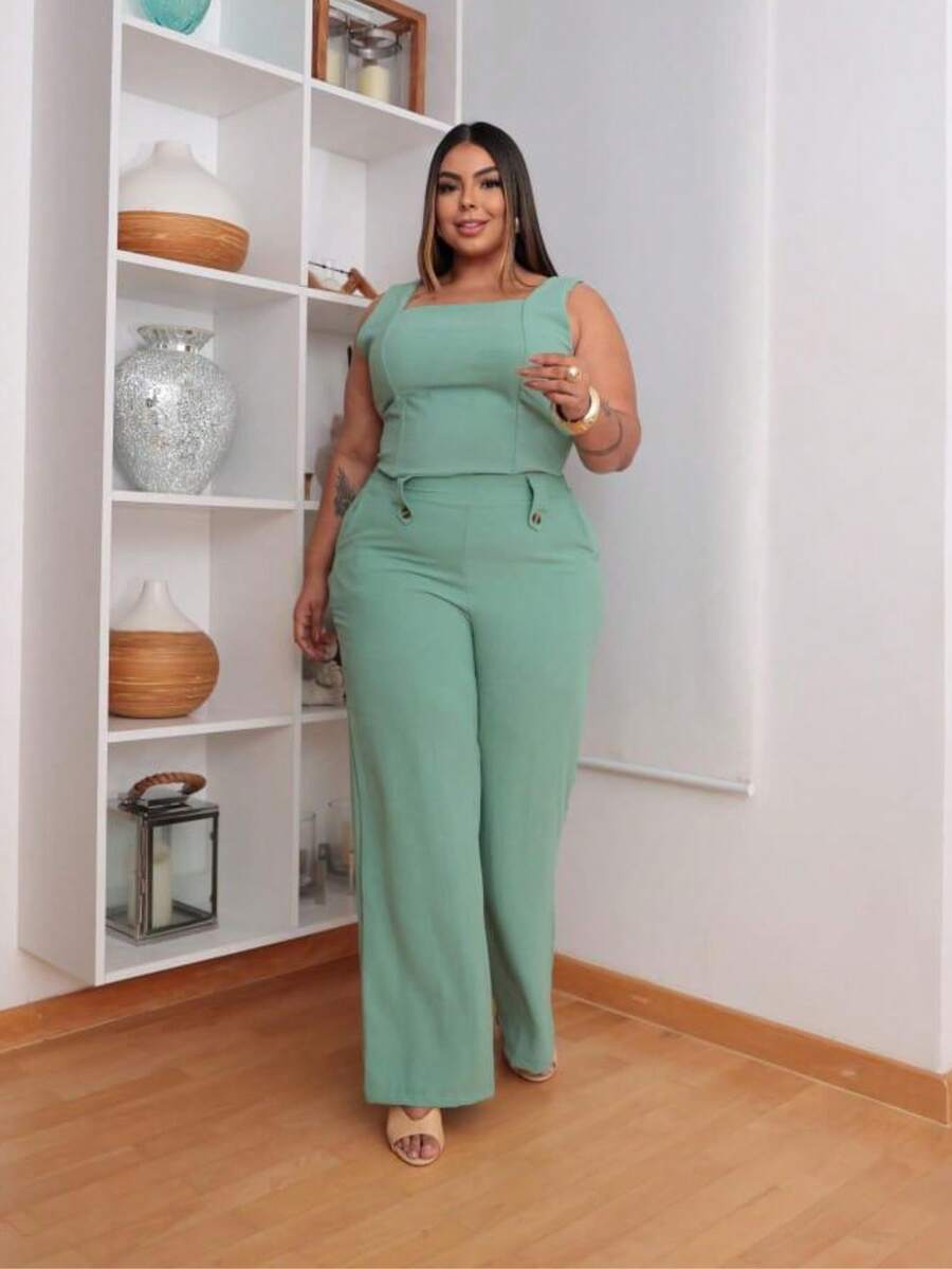 Plus Size Set Of Palazzo Pants And Cropped Top - verde menta - View 1