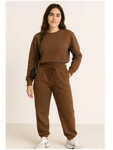 Women's Winter Sweatshirt Set Fashion Blogger Simple Casual Drawstring Pocket Home - 鏽棕色 - 查看 1