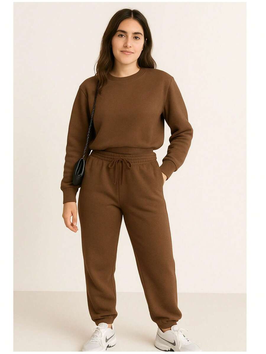 Women's Winter Sweatshirt Set Fashion Blogger Simple Casual Drawstring Pocket Home - 鏽棕色 - 查看 1