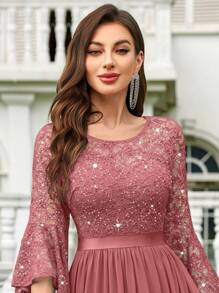 MIUSOL Sequin Floral Lace Flare Sleeve Contrast Chiffon Formal Party Maxi Dress, Elegant Party, For Wedding Guest, Graduation, Dinner,Gown,Evening