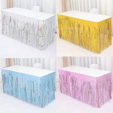 1pc Fringe Trim Disposable PE Table Skirt,Simple Holographic Self-Adhesive Table Cover For Party,Christmas - Silver - View 1