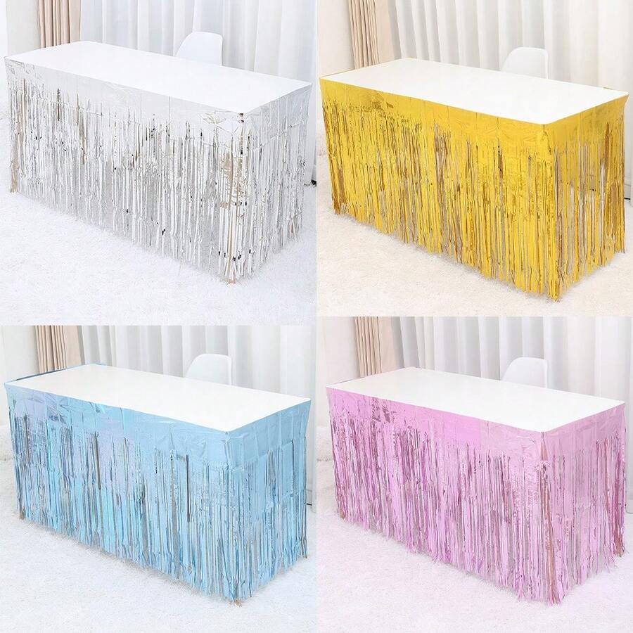 1pc Fringe Trim Disposable PE Table Skirt,Simple Holographic Self-Adhesive Table Cover For Party,Christmas - Silver - View 1