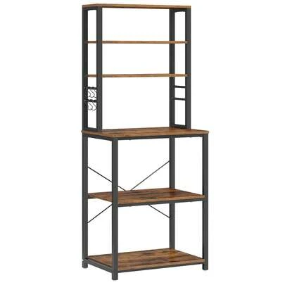 Küchenregal, Standregal, Mikrowellen-Regal, stehend, 6 Ablagen, 6 Haken, Stahlrahmen, Industrie-Design, 40 x 60 x 167 cm, vintagebraun-tintenschwarz