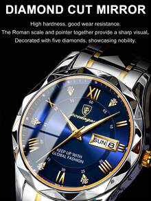 POEDAGAR 1件装时尚男士不锈钢防水夜光手表，带星期和日期显示功能，商务石英表，带表盒，休闲男士腕表，适合日常场合，男士礼物