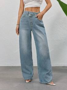 Pantalones vaqueros rectos y sueltos de diseño casual de primavera y verano con botones en diagonal para mujeres, estilo retro azul