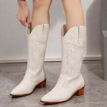 New Women's PU Leather Thick Heel Pointed Toe Western Cowboy Boots In Retro V-Neck, Not Over The Knee, Mid-Tube Knight Boots - 白色 - 查看 1