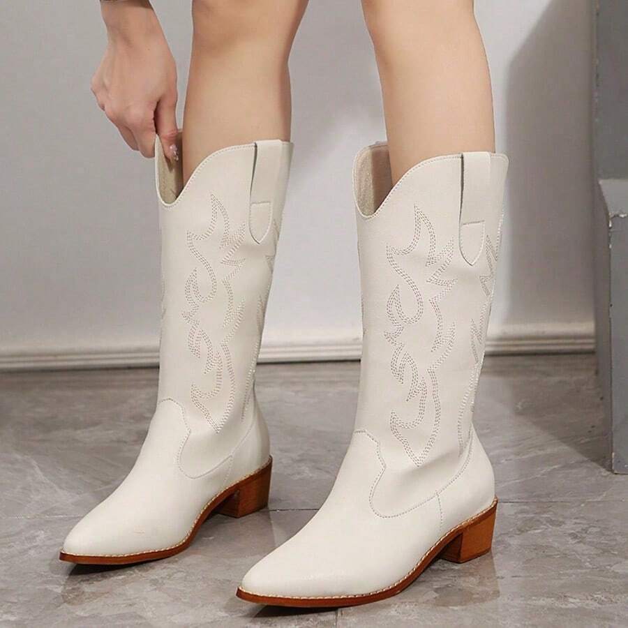 New Women's PU Leather Thick Heel Pointed Toe Western Cowboy Boots In Retro V-Neck, Not Over The Knee, Mid-Tube Knight Boots - 白色 - 查看 1