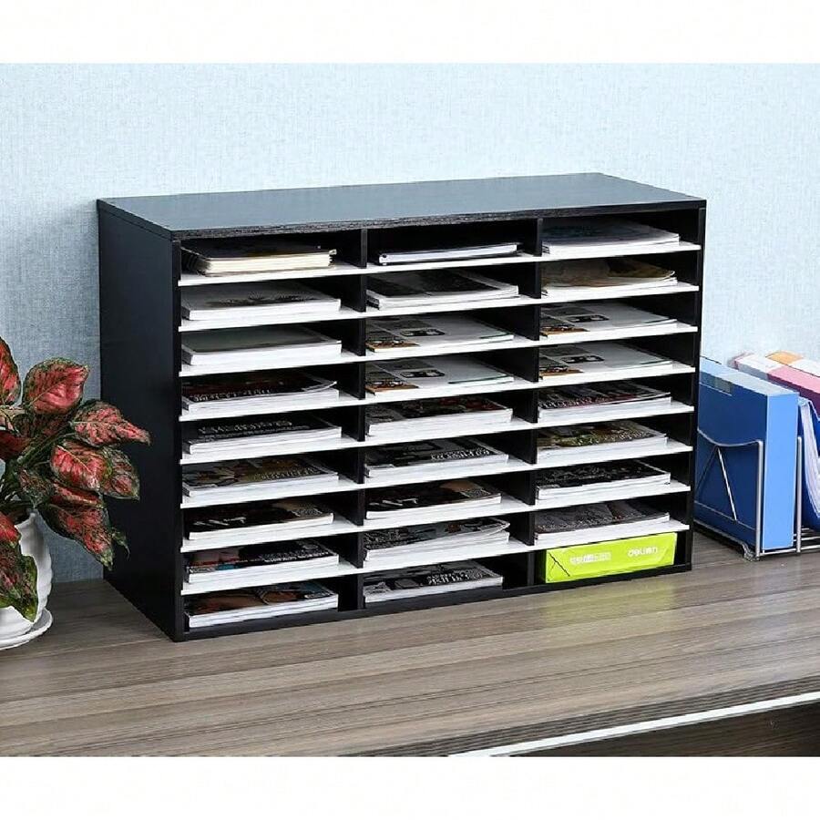 Wood Desktop 6 Tier 12 Compartments A4 Filing Tray Office Desk Tidy Mail Sorter File Holder Paper Organiser Magazine Storage Rack,White - Black - View 1