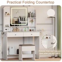 Makeup Vanity Desk With Mirror And Lights, White Make Up Vanity With Fold-Up Panel, 2 Drawers & 4 Hooks,Adjustable 3 Led - Multicolor - View 4
